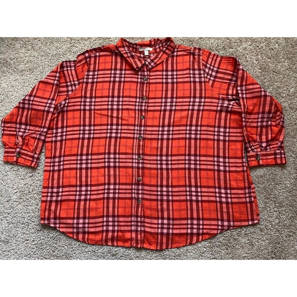 Woman Within Shirt Plus Size 3X Classic Flannel Red Plaid Soft Comfy s10